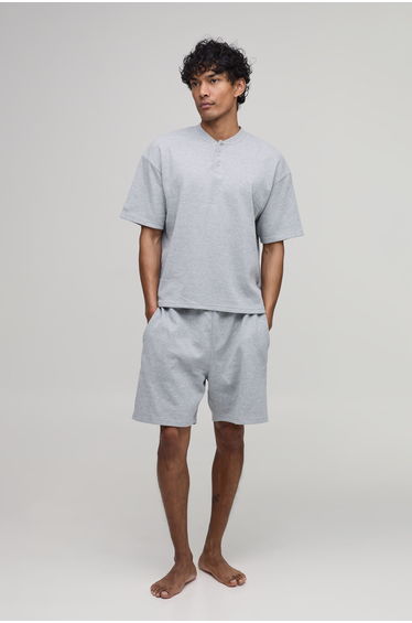 Oversized Boxy Waffle Henley T-Shirt & Baggy Lounge Set - grey marl