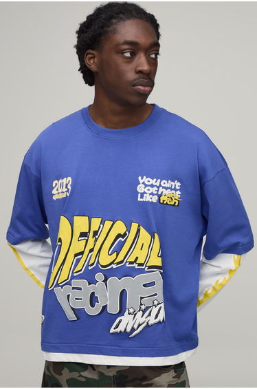 Oversized Boxy Official Moto Faux Layer T-Shirt - cobalt
