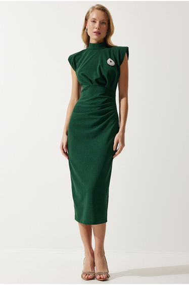 Women's Emerald Green Stylish Brooch Gathered Wrap Knitted Dress