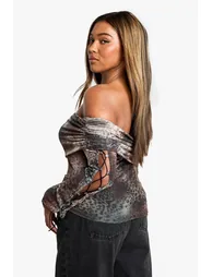 Plus Mixed Leopard Bardot Lace Up Top - chocolate - 2