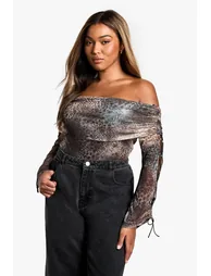 Plus Mixed Leopard Bardot Lace Up Top - chocolate