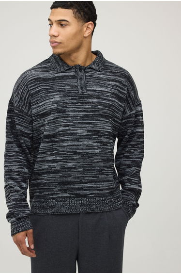 Relaxed Boxy Marl Knitted Polo - black