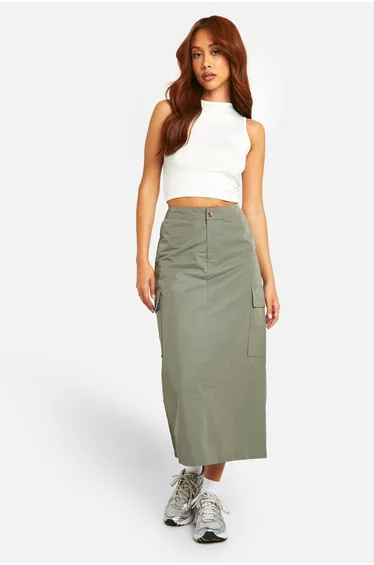 Nylon Cargo Column Midaxi Skirt - khaki