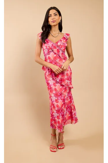 Nerida Pink Floral Print Ruffle Midaxi Dress
