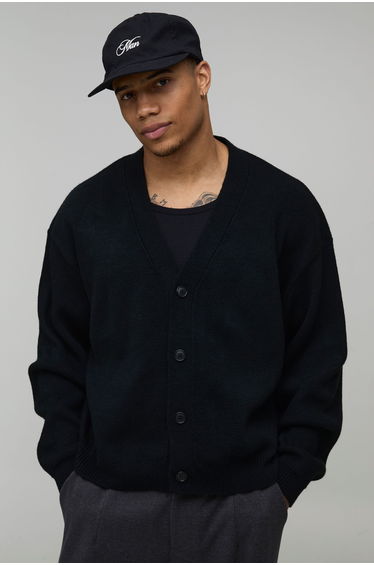 Oversized Boxy Soft Touch Knitted Cardigan - black