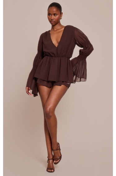 Chocolate Chiffon V Neck Long Ruched Sleeve Playsuit