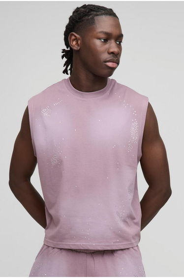 Boxy Fit Washed Rhinestone Tank - purple