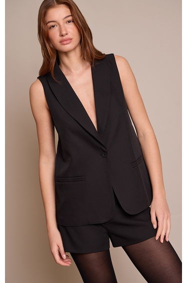 Black Woven Plunge Waistcoat