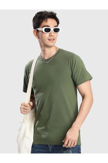 Men Olive Cotton Lycra Slim Fit T-Shirt