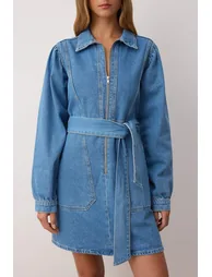 Blue Zipper Detailed Mini Denim Dress - 2