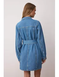 Blue Zipper Detailed Mini Denim Dress - 3