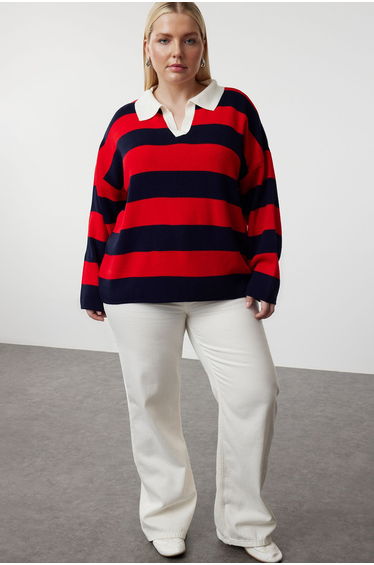 Multicolored Polo Neck Striped Knitwear Sweater