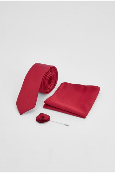 Red Tie With Pocket Square and Lapel Pin