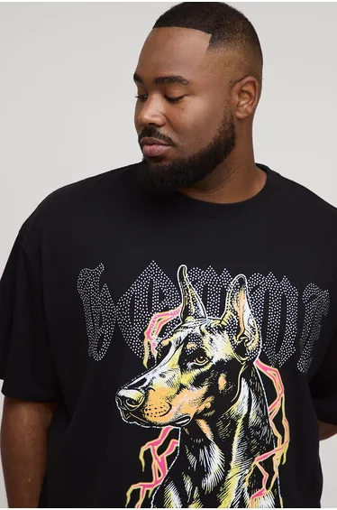Plus Oversized Rhinestone Homme Canine Graphic T-Shirt - black