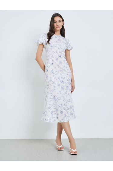 White Floral Puff Sleeve Midi Dress