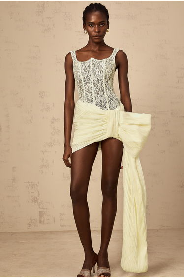 Gabrielle neutrals bowknot floral-lace-penal mini dress