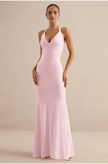 Goldiea | Light Pink Halter-Neck Fishtail Maxi Dress