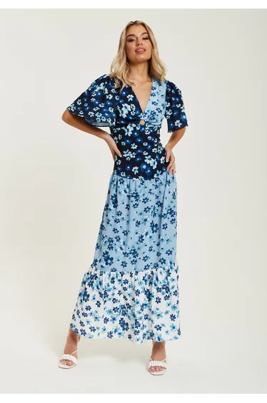 Women's Midi Dress with Floral Print in Blue.