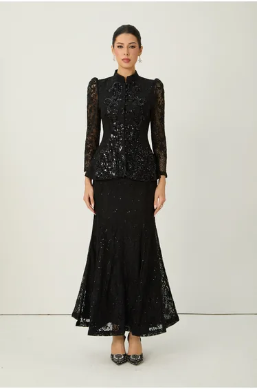 Romance Language Black Floral Embroidered Sequin Jacket & Skirt Set