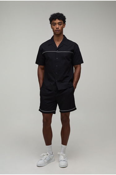 Cotton Poplin Piping Detail Oversized Shirt & Relaxed Short Set - black
