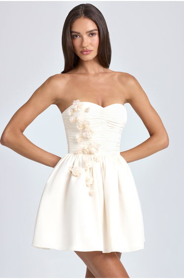 Bandeau Floral-Appliqué Corset Mini Dress in Ivory