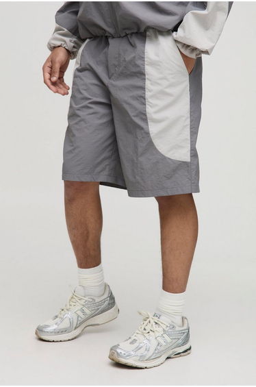 Elasticated Waist Relaxed Fit Colour Block Nylon Short - grey