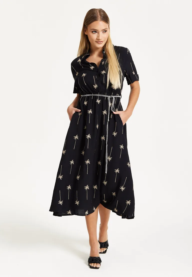Black Palm Print Shirt Midi Dress - 2