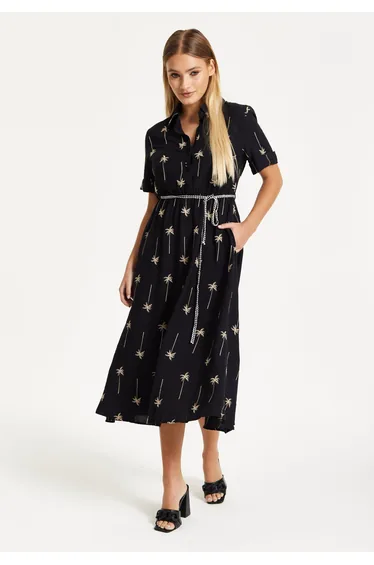 Black Palm Print Shirt Midi Dress