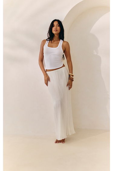 White Sheer Plisse Scalloped Hem Maxi Skirt