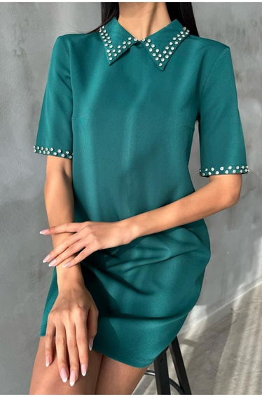 Nefti Green Shirt Collar Stone Embroidered Dress