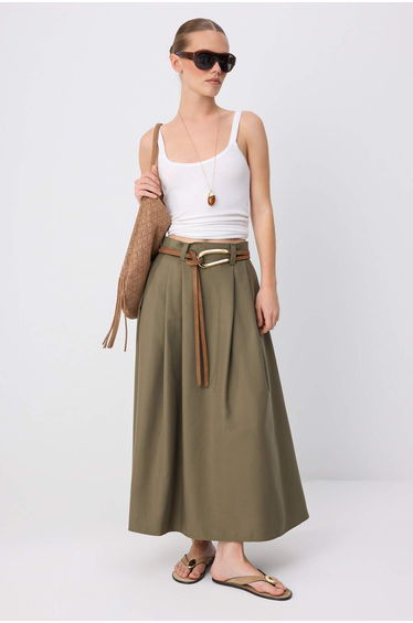 Khaki Pleated Maxi Length Skirt