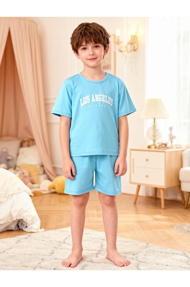 Boys Blue Slogan Print T-Shirt and Shorts Pyjama Set