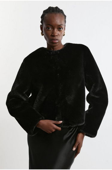 Collarless Faux Fur Jacket
