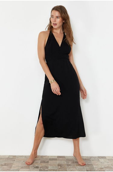 Black Midi Woven Backless Beach Dress
