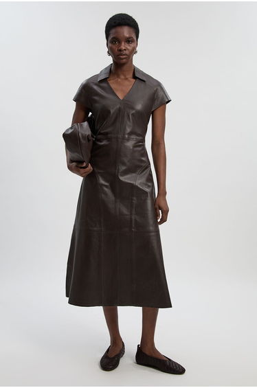 Leather Collared Tailored Midi Dress