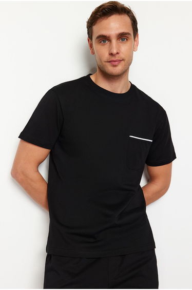 Men's Black Regular Fit Ribbed Knitted Pajamas Set