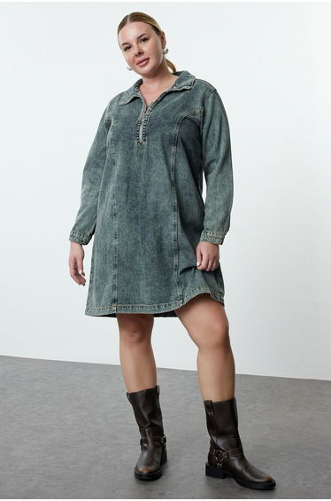 Blue Rigid Denim Plus Size Dress