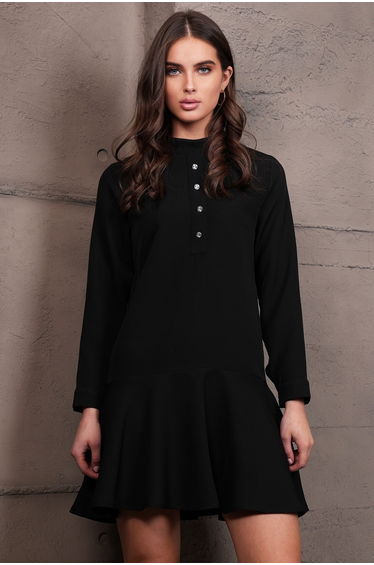 Women's Black Crew Neck Button Front Mini Length Dress