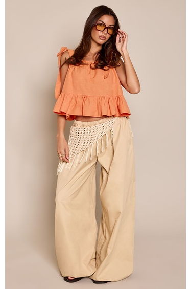 Tangerine Linen Look Tiered Tie Strap Cami Top