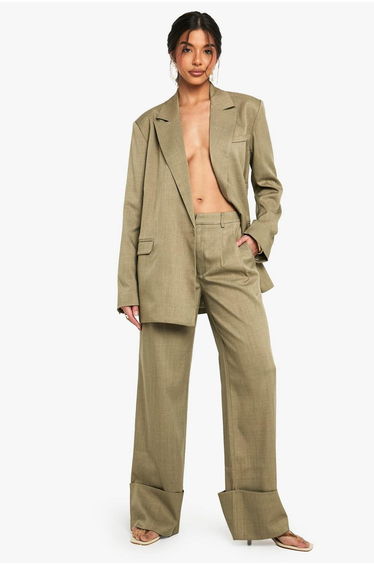 Tailored Woven Turn Up Hem Wide Leg Trouser - khaki