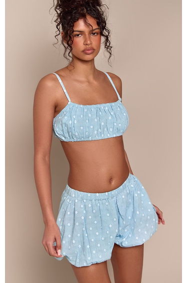 Baby Blue Cotton Polka Puffball Shorts Co-ord