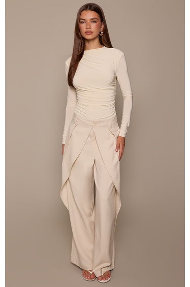 Cream Double Layer Slinky Ruched Drape Detail Long Sleeve Bodysuit