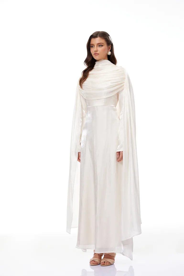 Hege Cream Glossy Ruched Cape Maxi Dress - 4