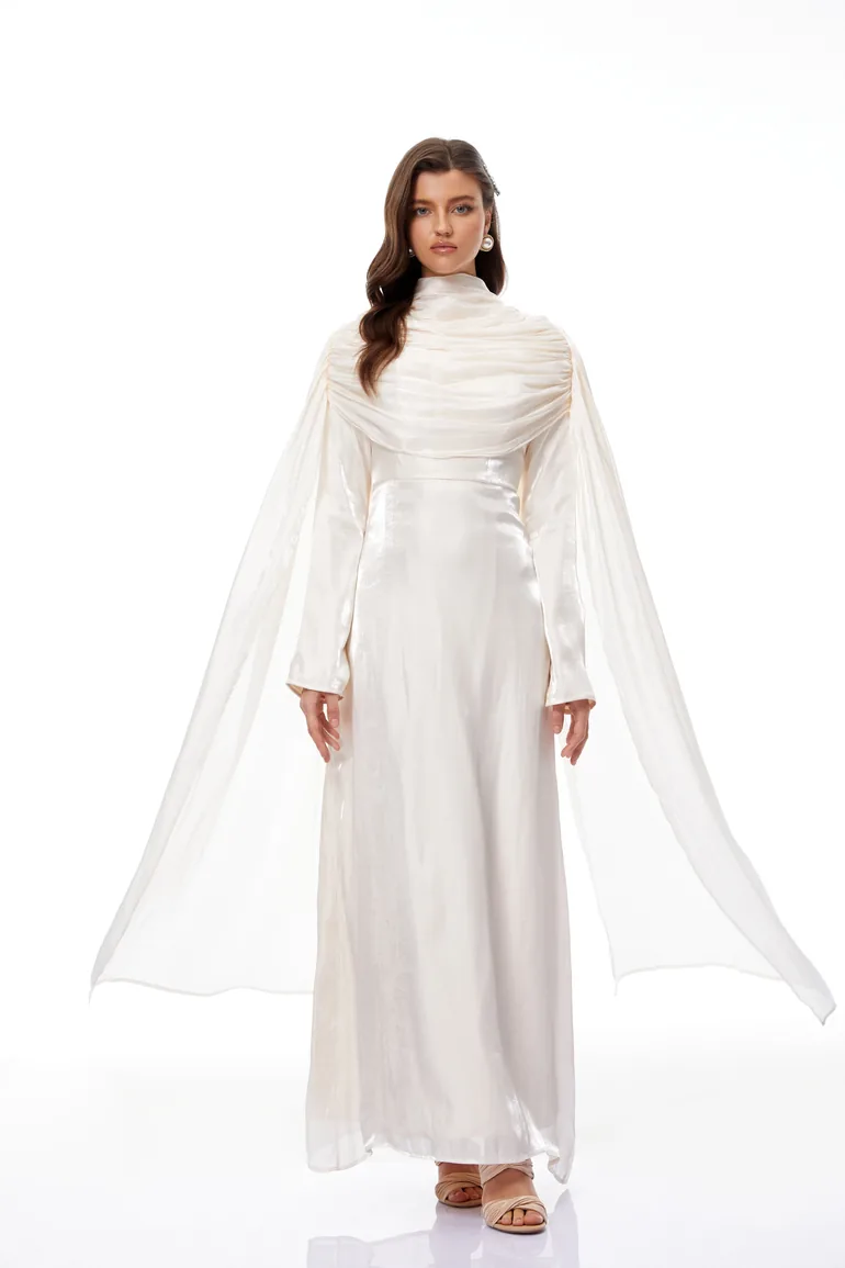 Hege Cream Glossy Ruched Cape Maxi Dress - 2