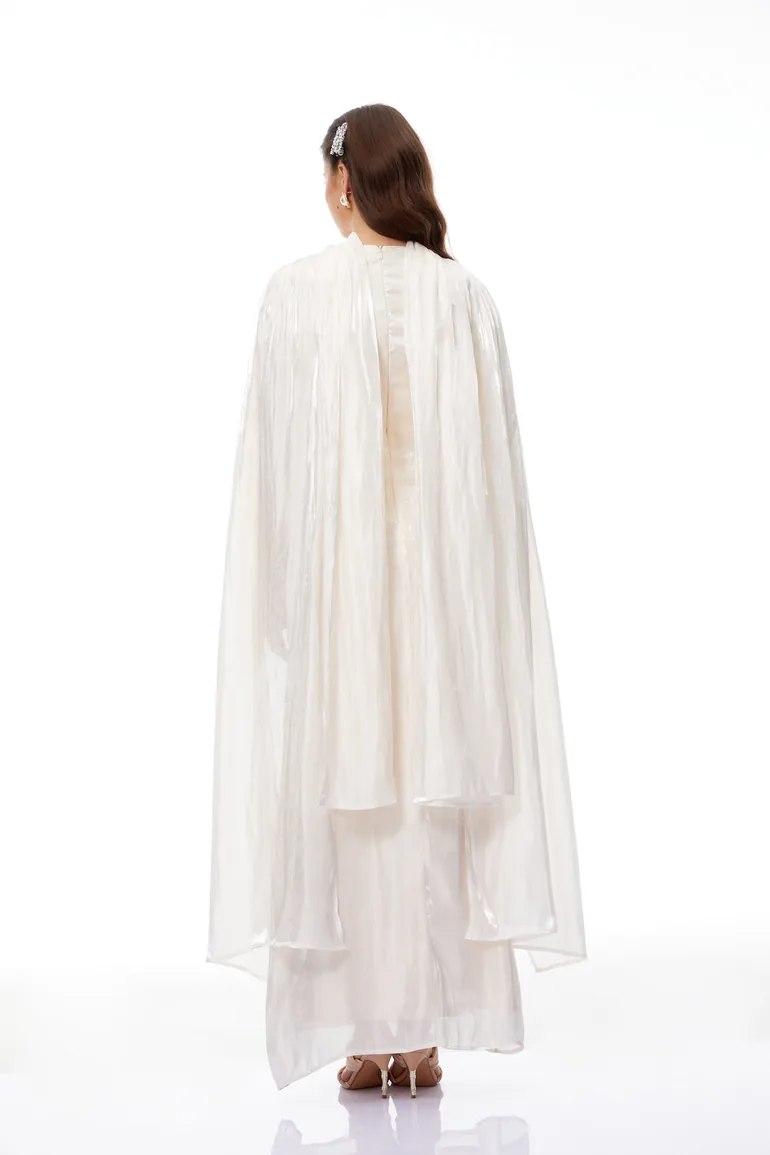 Hege Cream Glossy Ruched Cape Maxi Dress - 3