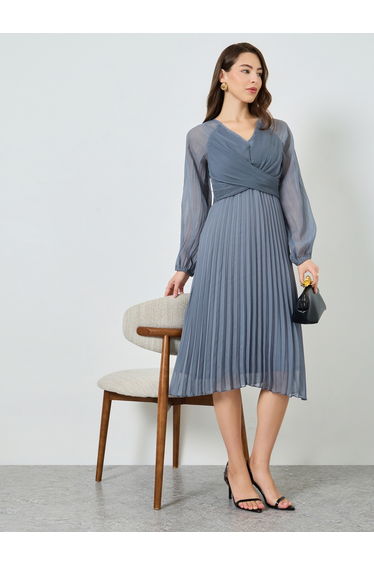 Grey Pleated Balloon Sleeve Wrap Midi Dress