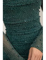 Embellished Cowl-Neck Draped Mini Dress in Emerald Green - 2