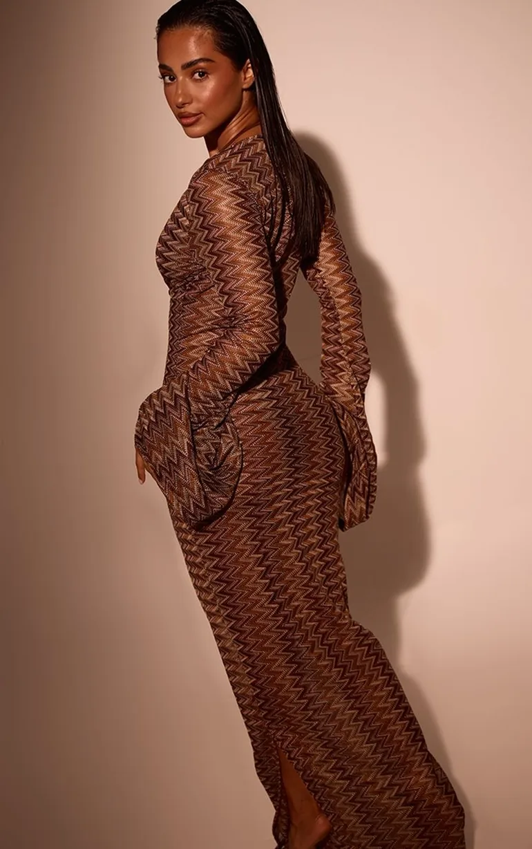 Brown Jacquard Plunge Maxi Beach Dress - 1