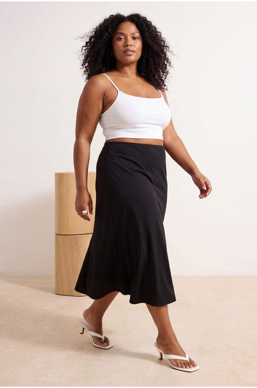 Black Midi Length Satin Woven Plus Size Skirt