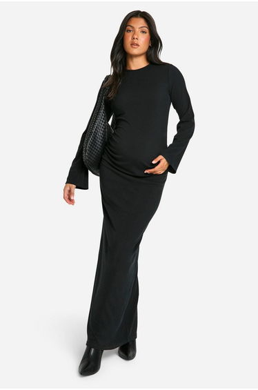 Maternity Rib Round Neck Flared Sleeve Column Maxi Dress - black